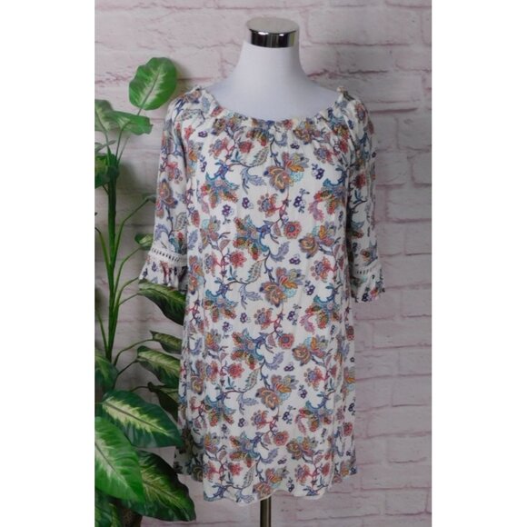 SALE Naif Petite Shift Dress Size M Floral Off Shoulder 3/4 Sleeve Peasant Boho - Picture 1 of 10